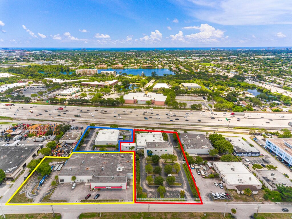 aerial view of commercial real estate property in Hollywood Florida near I-95 Broward County office and warehouse buildings
